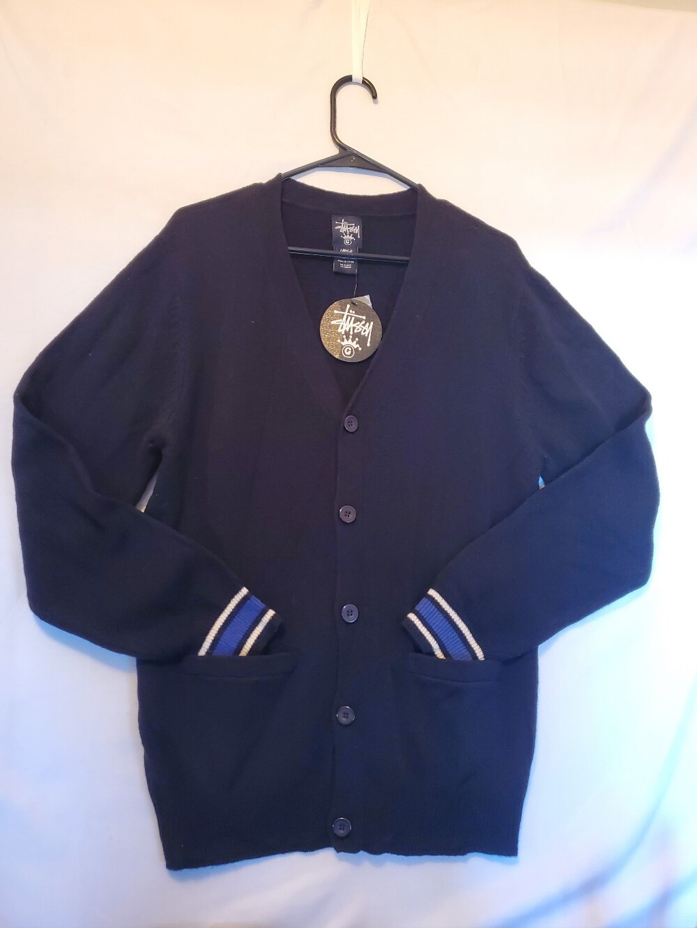 NWT. Stussy Black Button-Up Cardigan Blue Stripe Trim Mens Large